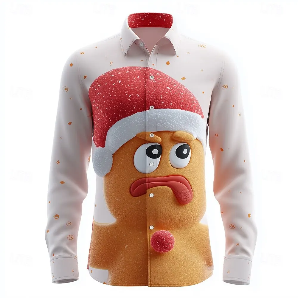 

Ugly Gingerbread Graphic Long Sleeve Shirts Men's Christmas Elements Casual Lapel Clothes Fashion Creative Loose Comfortable Top