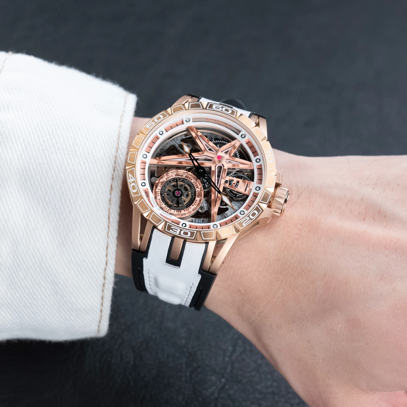 OBLVLO Herren-Luxusuhr mit mechanischem Skelett-Zifferblatt, mechanische Automatikuhr, analog, weißes Gummiband, Militäruhr RD-901