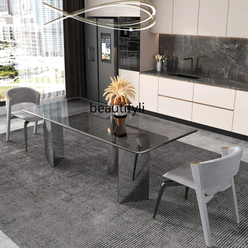 Long dining table Household Italian tempered glass dining table Simple high-end villa designer dining table