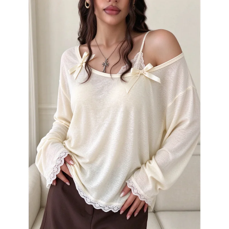 Women Asymmetrical Cold‑Shoulder Long Sleeve Tee, Satin Bow Decor Lace Trim Hem Cuffs, Loose Fit Solid Sheer Thin Casual Blouse