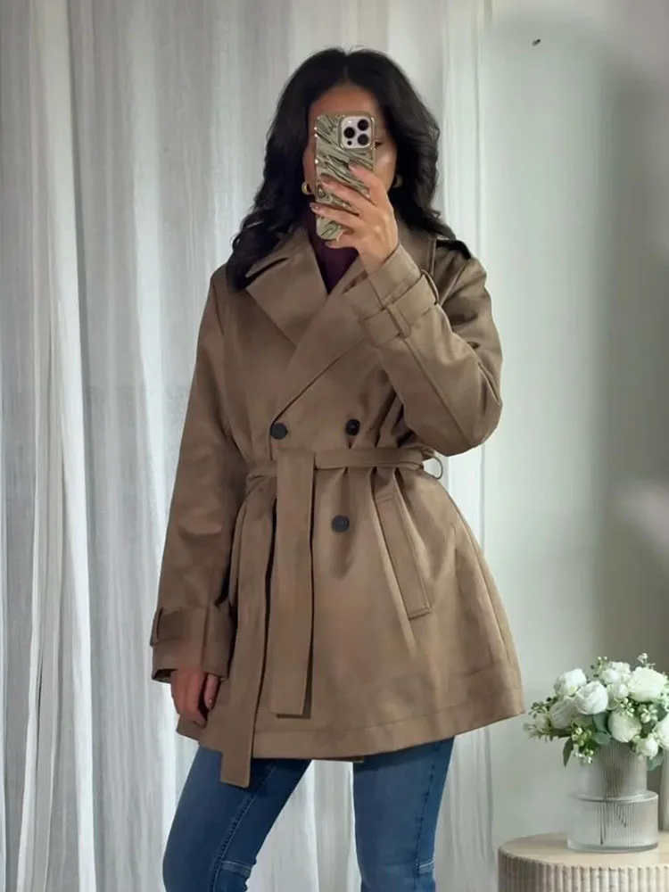HH Woman Autumn Fashion Lapel Double-Breasted Pocket Decorate Overcoat Women Faux Leather Windcoat Street Style Casual Coat
