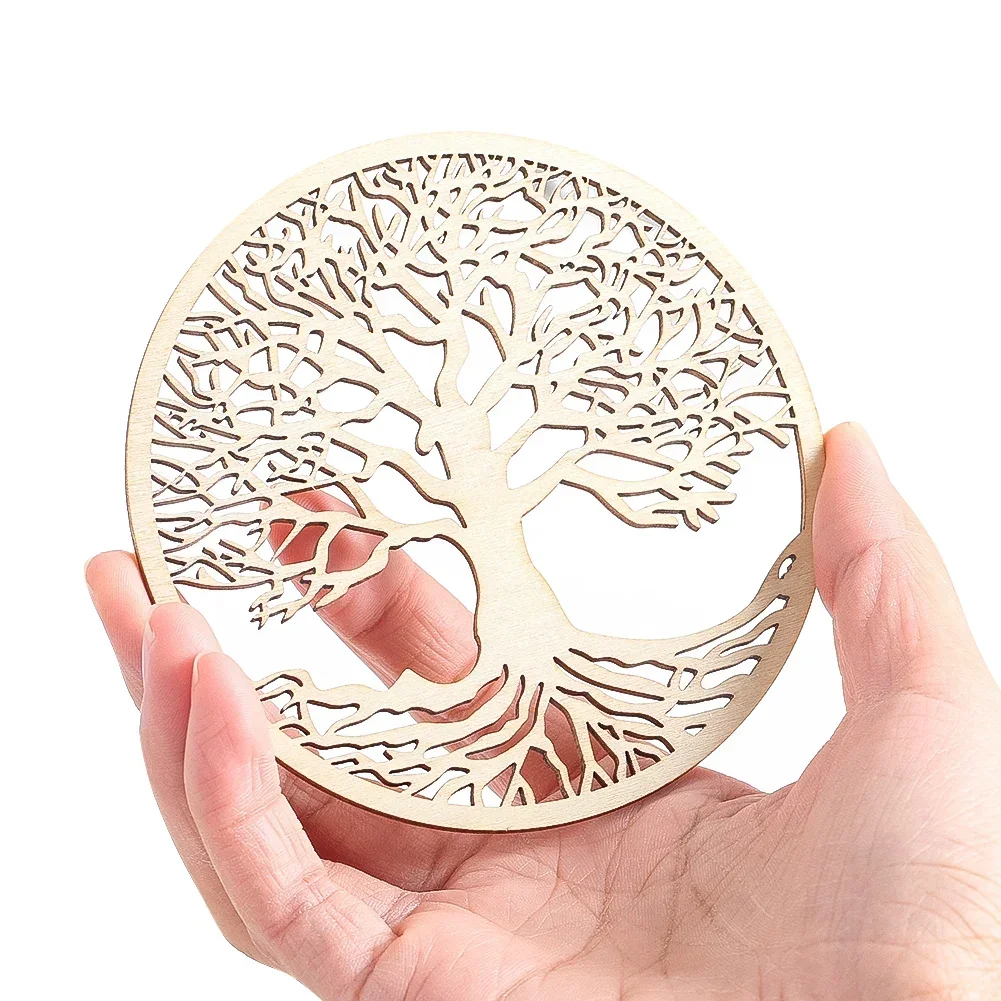 Tree of Life Wooden Wall Art Round Hollow Carving Hanging Ornament Yoga Meditation Decor Spiritual Coaster Home Decoration Gift