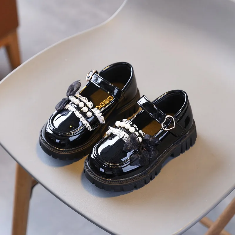 Mumoresip Kids School Leather Shoes Princess Lace Bow Girls Pearl Dress Shoes Thick Bottom Children's Perform Mary Jane Shoes