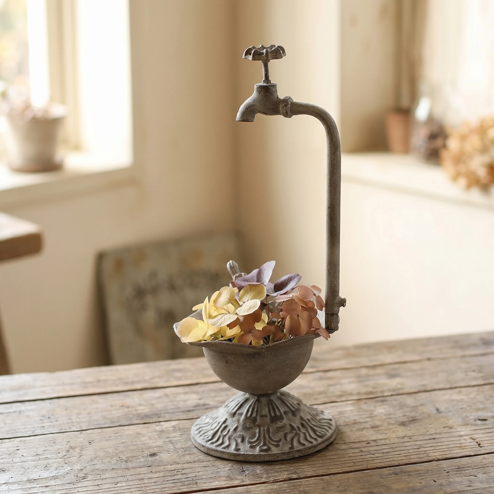 Flower Vessel with Faucet Embossed Pedestal Planter Bowl Bowl Planter with Stand Decorative Plant Pot Chinese Style