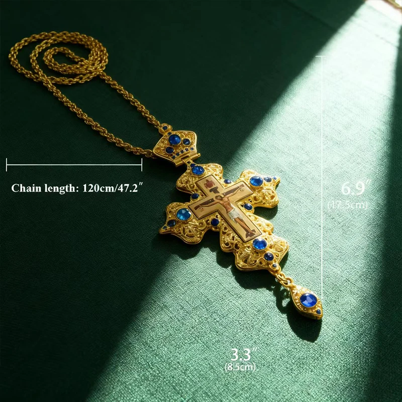 Luxuriöse Orthodoxe Pektoralkreuz-Halskette, vergoldet mit violetten Kristallakzenten, Kruzifix-Ikone für Priesterliturgie & Andacht – Detail 1