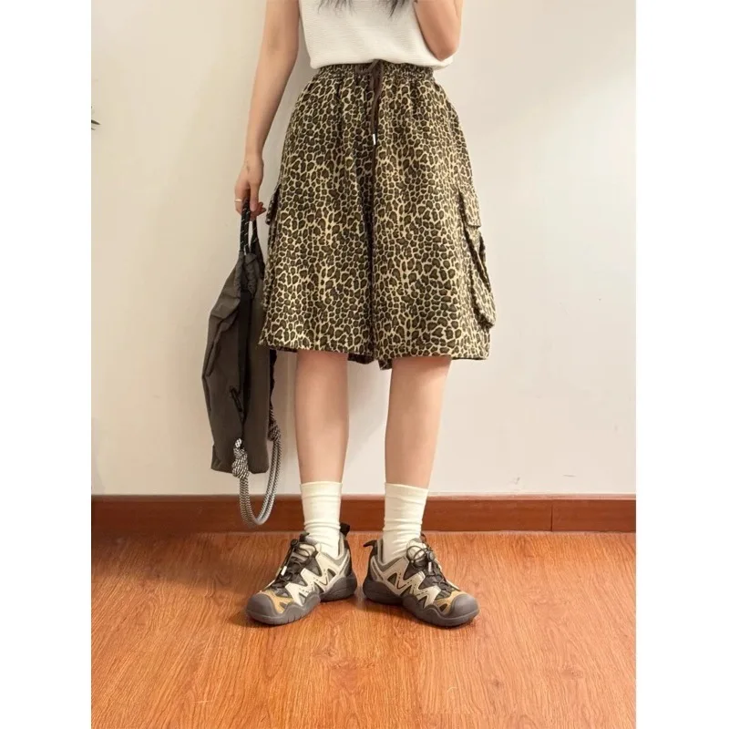 Deeptown Vintage Leopard Cargo Shorts Pants Harajuku Y2k Oversized Sports Jogging Trousers Streetwear Wide Leg Baggy Summer