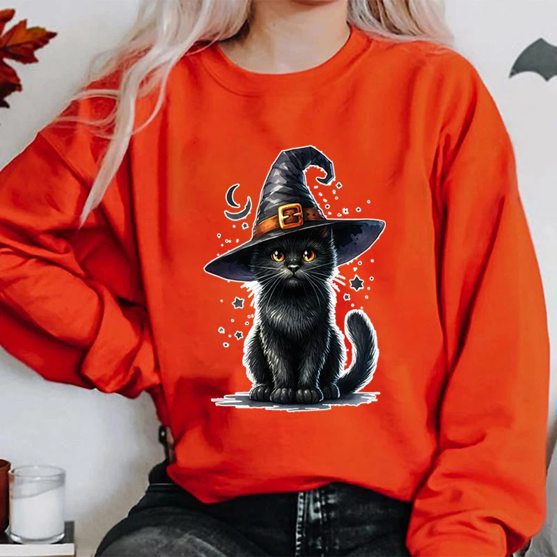 Halloween Black Cat Print Sweatshirt Round Neck Hoodless Pullover For Women Loose Long Sleeve Autumn Winter Solid Color Pullover