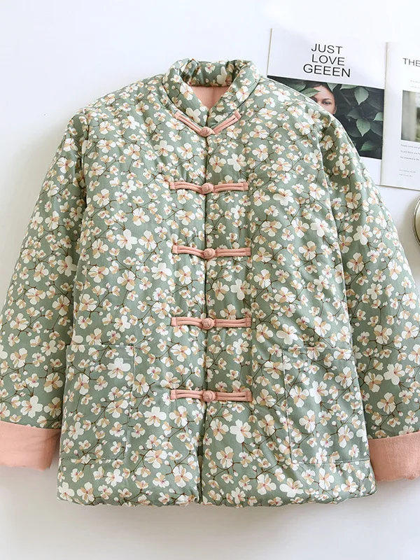 Novo chinês sle floral algodão jaet feminino solto gola bordado casaco de inverno thiened longo sve commute wear