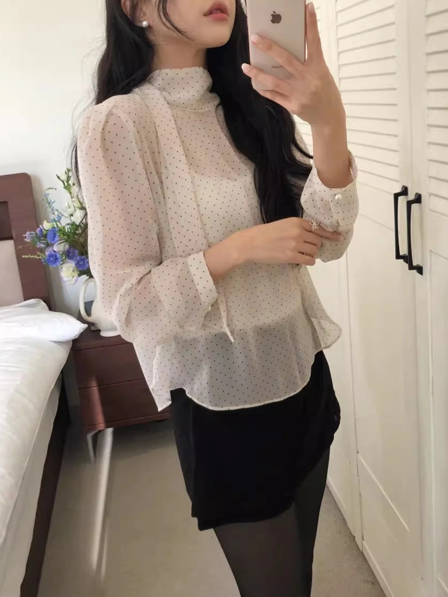 Ele Ne suspendu Sa couleur Blo à pois Base irt femmes début du printemps petit ence Perforation bulle Sve haut