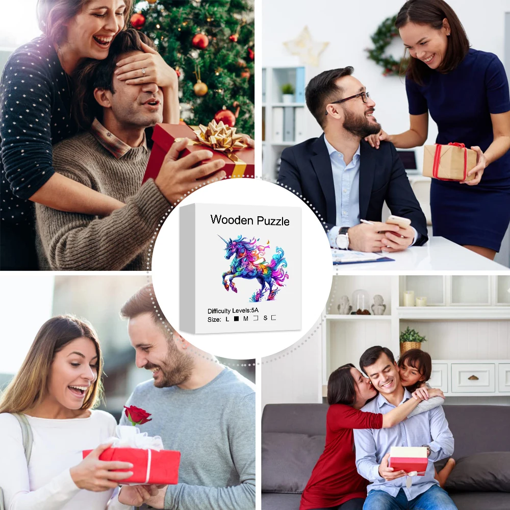 Quebra-cabeça de madeira de unicórnio, peças de formato exclusivo, quebra-cabeças de madeira para adultos, presente de natal, jogo familiar, decoração de casa