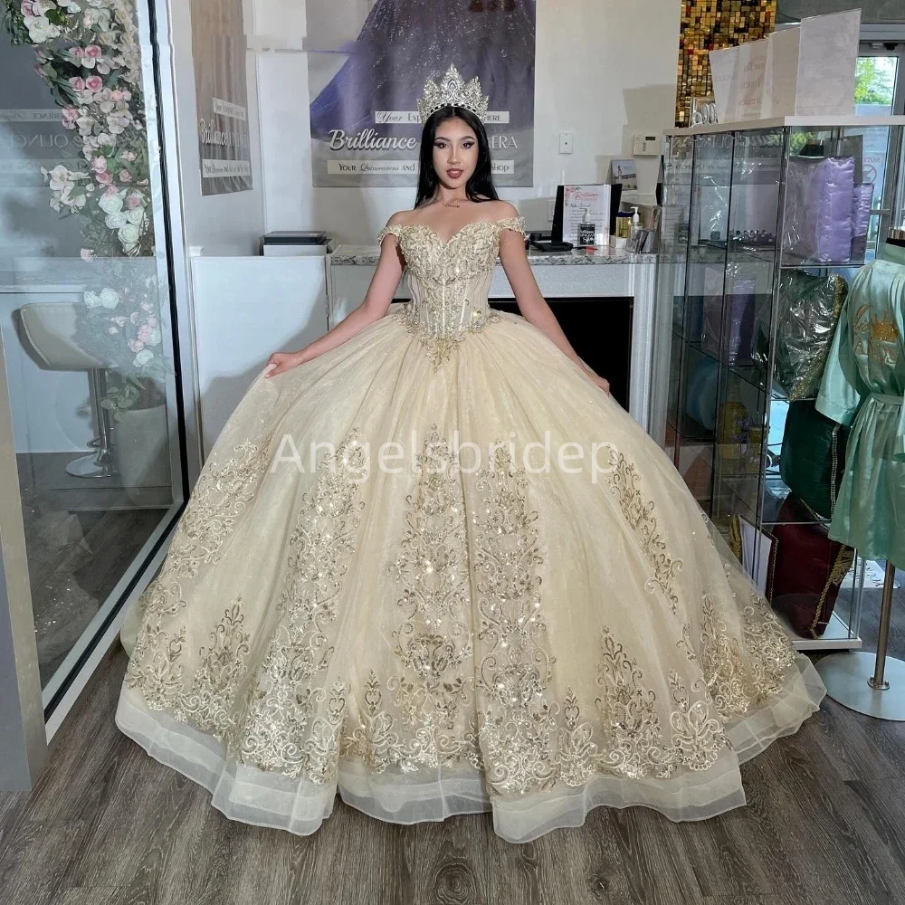 

Angelsbridep Woman Champagne Ball Gown Quinceanera Dresses With Shiny Appliques Beading Evening Party Dress Vestidos De Festa