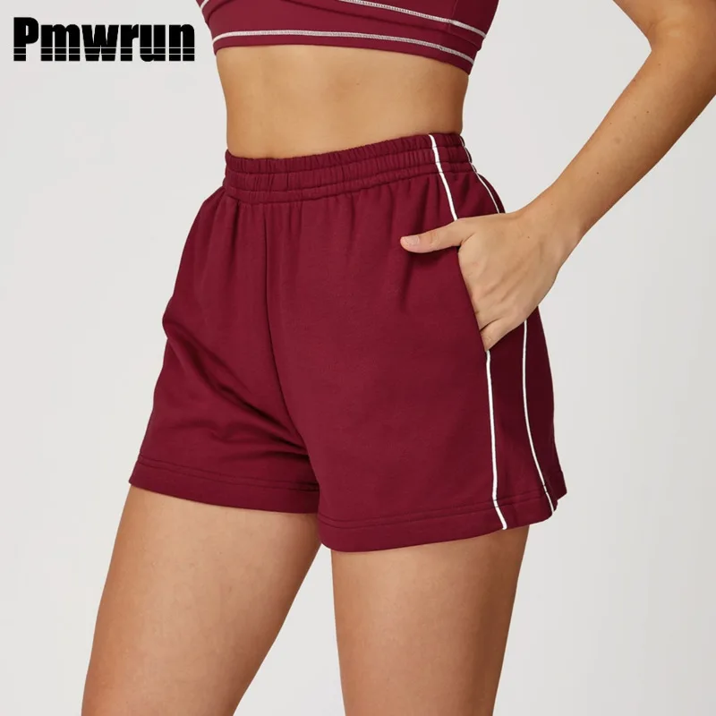 

PMWRUN High-Waist Sweat Shorts Contrast Stripe Side Pockets Elastic Waist Breathable Moisture-Wicking For Workout Lounge Yoga