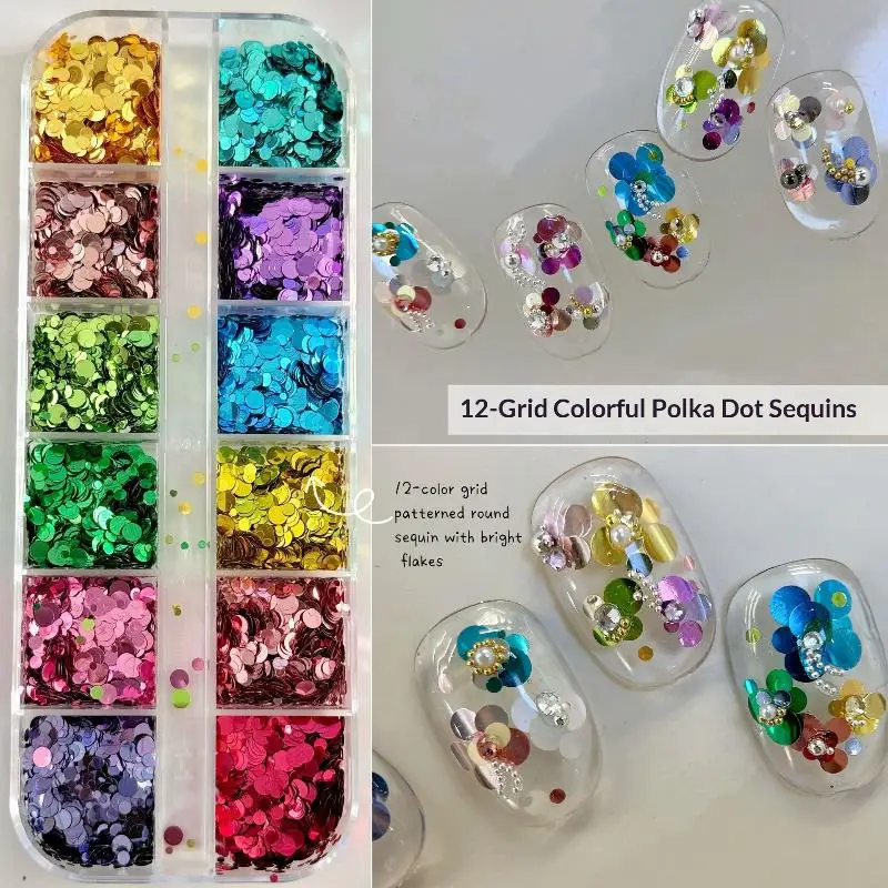 [New] 12 Grids Colorful Mixed Mini Circular Nail Glitter Flower DIY Wave Point Sequin Sparkling Nail Charms Nail Decoration