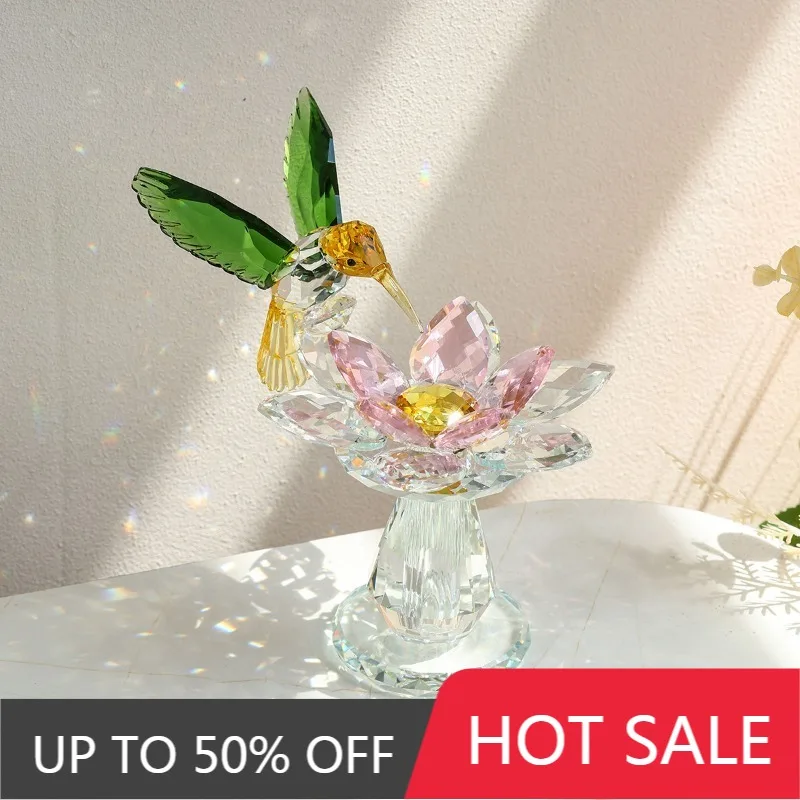 Crystal Hummingbird Lotus Flower Figurine Colorful Glass Statue Ornament Tabletop Home Decor Art Crafts Wedding Birthday Gift