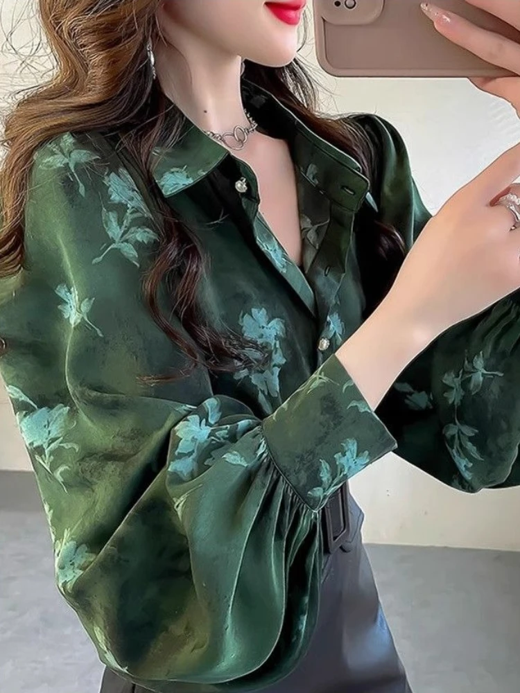 

Винтажная корейская роскошная блузка с цветочным принтом и воротником, женская весенне-осенняя приталенная шифоновая рубашка с рукавами-фонариками ​