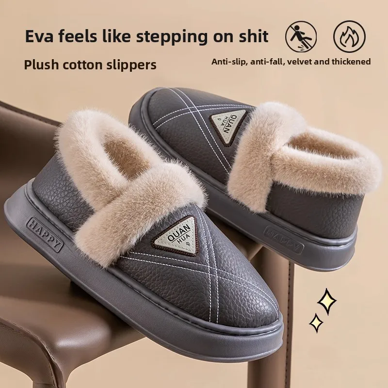 Men Waterproof Cotton Slippers Winter 2026 New Thick Sole Warm Fleece Lined Non Slip Indoor Outdoor