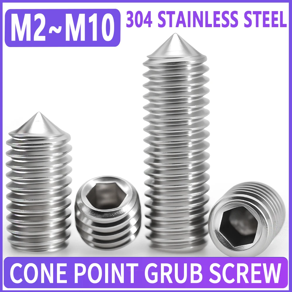 304 Stainless Steel Hex Hexagon Socket Set Screws M2 M2.5 M3 M4 M5 M6 M8 M10 Cone Point Grub Allen Head Hex Socket Screw 3~60Pcs