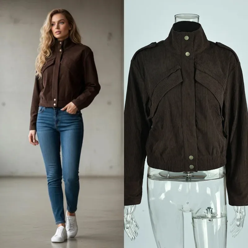 

Brown Corduroy Jacket For Women Moto Style With Full-sleeve Elegant Outerwear For Commuting Casual Chic Daily Wear Comfortable