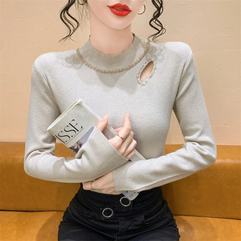 

Women's Heavy Embellied Long Sve Knitted Hollow out Sweater f High Collar Slim Fit Base irt Versatile Autumn Winter...