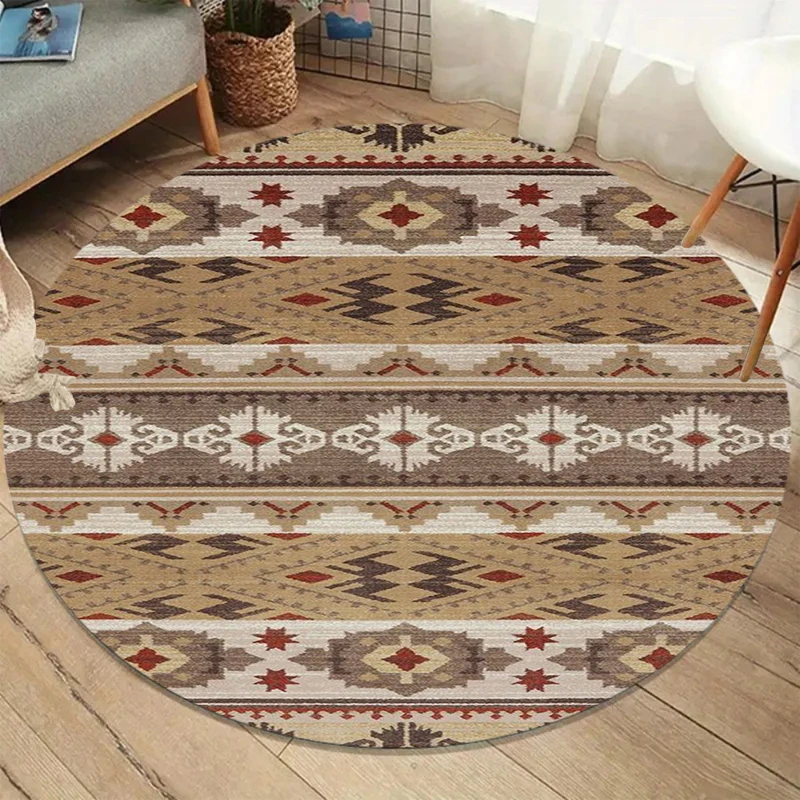 Geometric Greek Round Carpet Distressed Aztec Pattern Rug for Living Room Bedroom Soft Floor Mat Modern Tribal Home Decoration