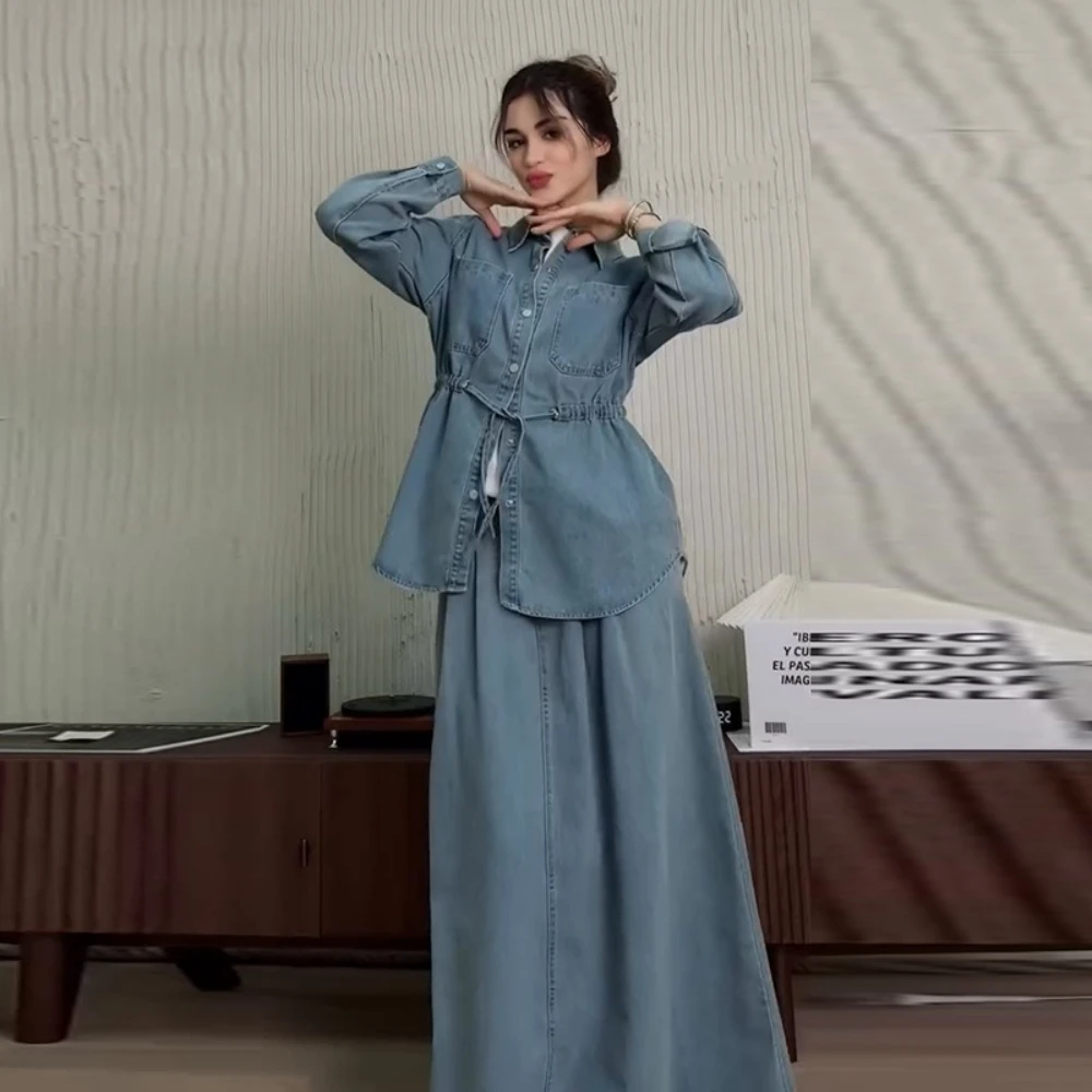 Denim Set da 2 pezzi Camicia musulmana da donna Cappotto Gonne Abiti monopetto Tasche con colletto rovesciato Gonne lunghe Abito overshirt
