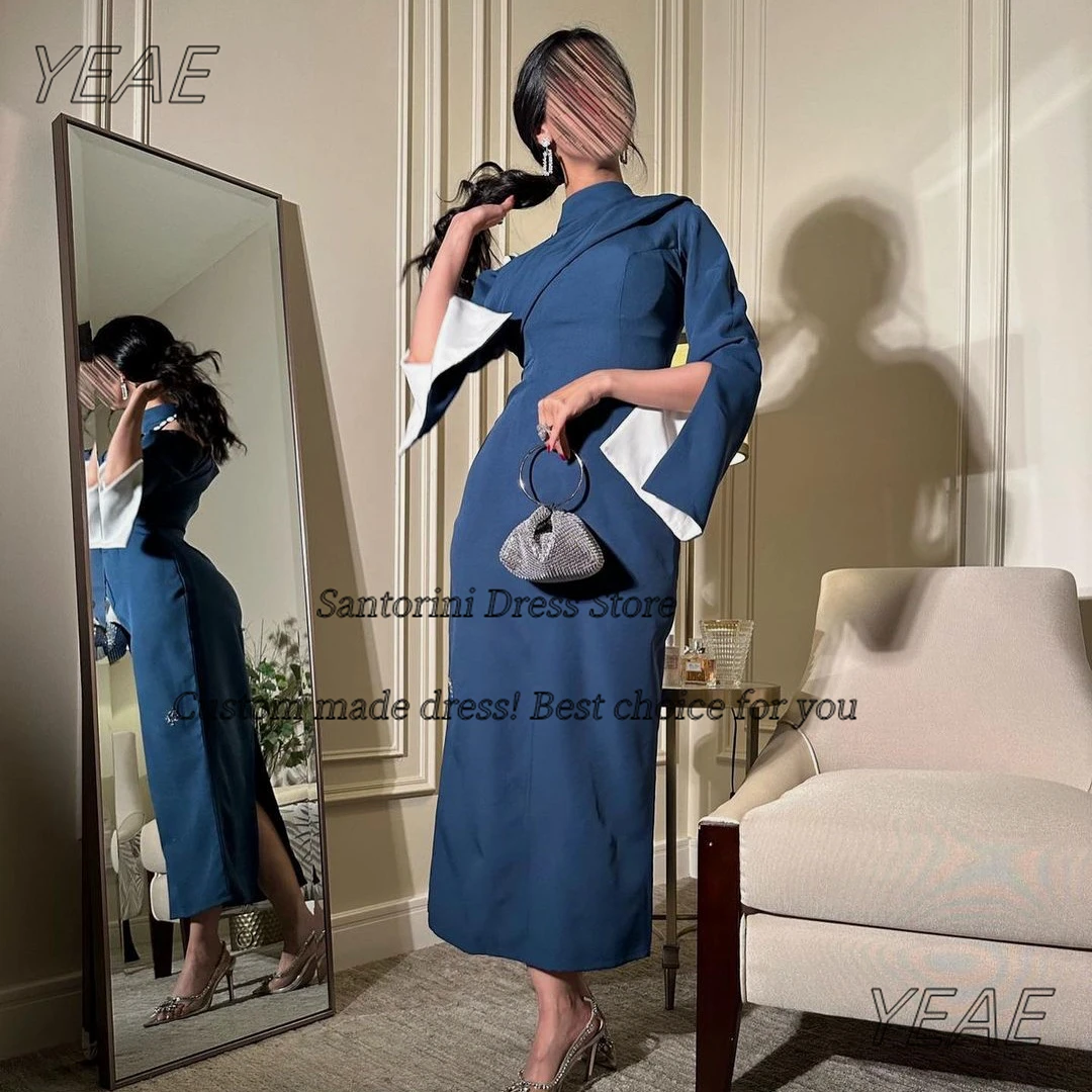 

Santorini High Collar Prom Dresses with Buttons Long Sleeves Robe Des Cocktail Party Evening Gowns Ankle Length Birthday Dress