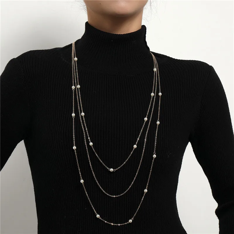 Gold Color Multilayer Long Imitation Pearl Chain Necklace for Women Simple Metal Round Beads Choker Necklaces Fashion Jewelry