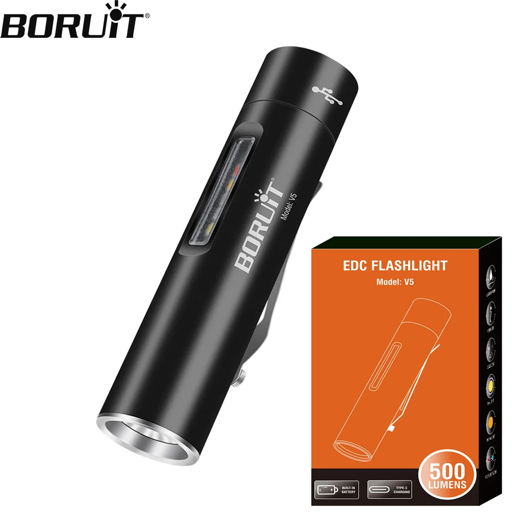 

BORUiT V5 EDC Flashlight 500LM USB C Rechargeable Mini Torch With Magnet & Clip Built-in Battery Waterproof Portable UV Light