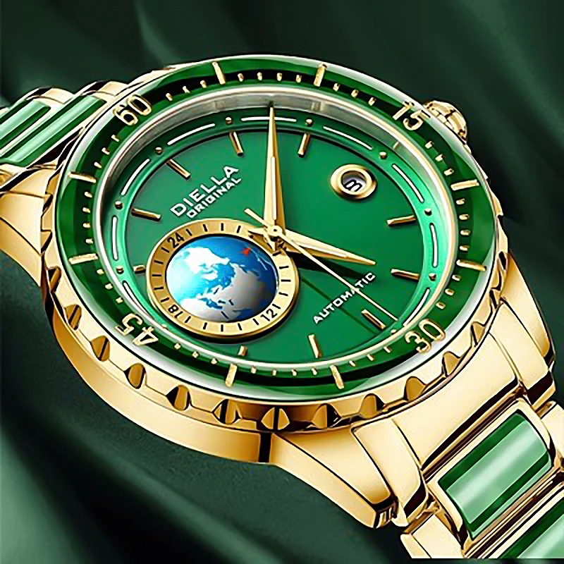 DIELLA Original Jade Mechanical Watch Men 3D Earth 24-hour Calendar Emerald Jade Steel Strap Japan Automatic Movement Wristwatch