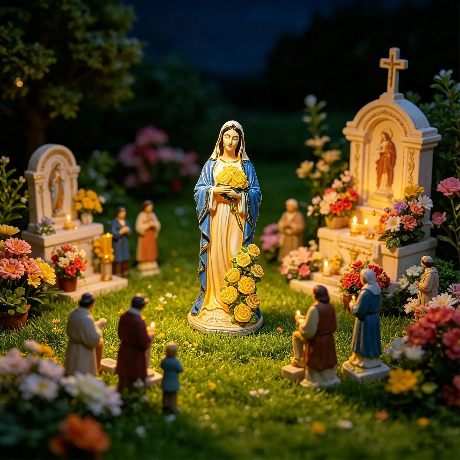 Estatua solar de la Virgen María para jardín, figura de resina solar con luz, escultura de la Virgen María para exteriores, patio trasero y césped.