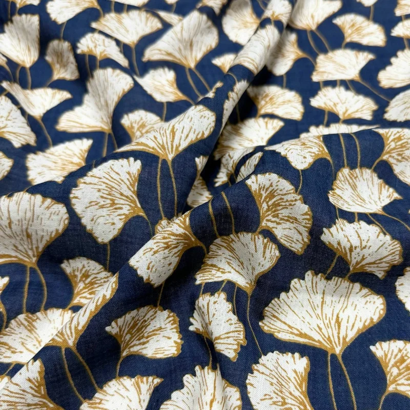

Dark Blue Ginkgo Leaf Print Cotton Linen Fabric Soft Drape Lightweight Skin Friendly Summer Shirt Dress DIY Sewing Material