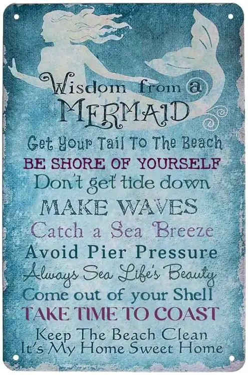 Wisdom from a Mermaid Keep The Beach Clean, Mermaid Poster Metal Tin Sign, Vintage Plaque Poster Home Wall Decor,