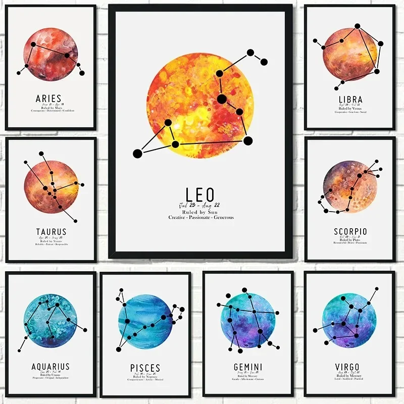Póster e impresiones de pintura en lienzo, 12 signos del zodiaco, constelación y planeta, imagen artística de pared moderna para decoración del hogar