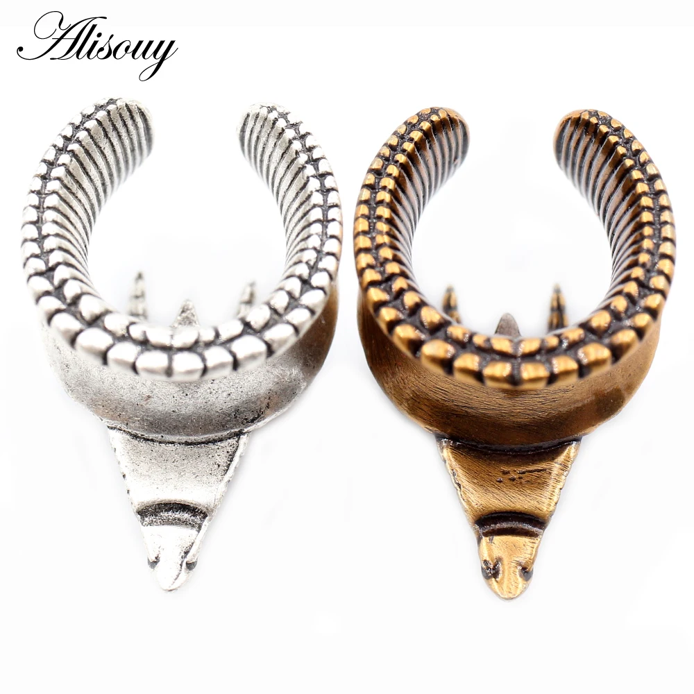 Alisouy 1PC Retro Copper Dragon Buffalo Horn Saddle Ear Tunnels Plugs Expander Stretcher Gauges Earrings Piercing Body Jewelry