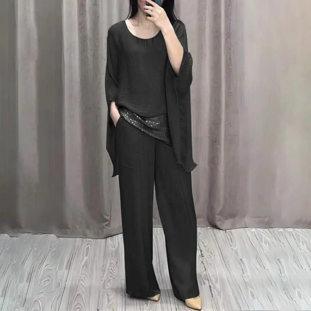 

Women Commuting Suit Stylish Women's Casual Suit with Wide Leg Pants Batwing Sleeve Top for Home Office Party Outfits for Women