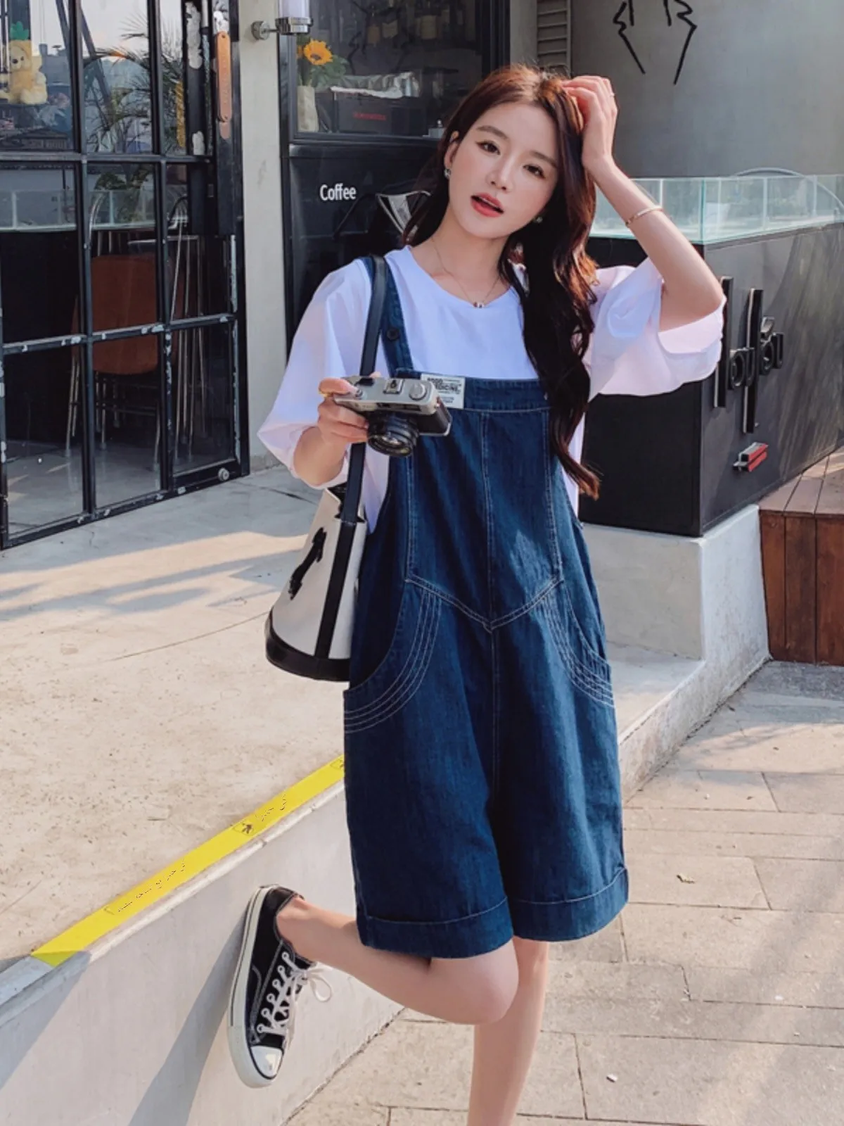 Retro Denim Overalls Women's Summer New College Style Age-Defying Top Casual Shorts Two-Piece Set Low Waist Short Pants