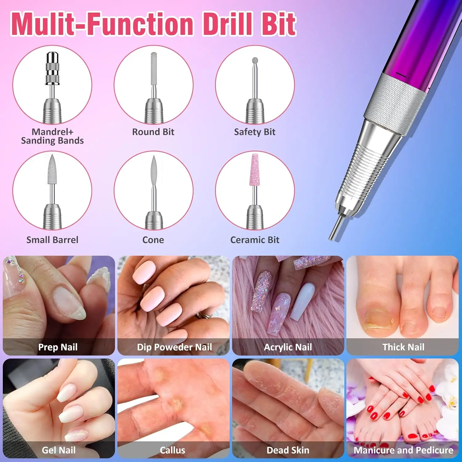 35000RPM Nail Drill Machine Gradient Color Electric Nail File with TFT Display Rechargeable Efile Professional Nail Drills for G