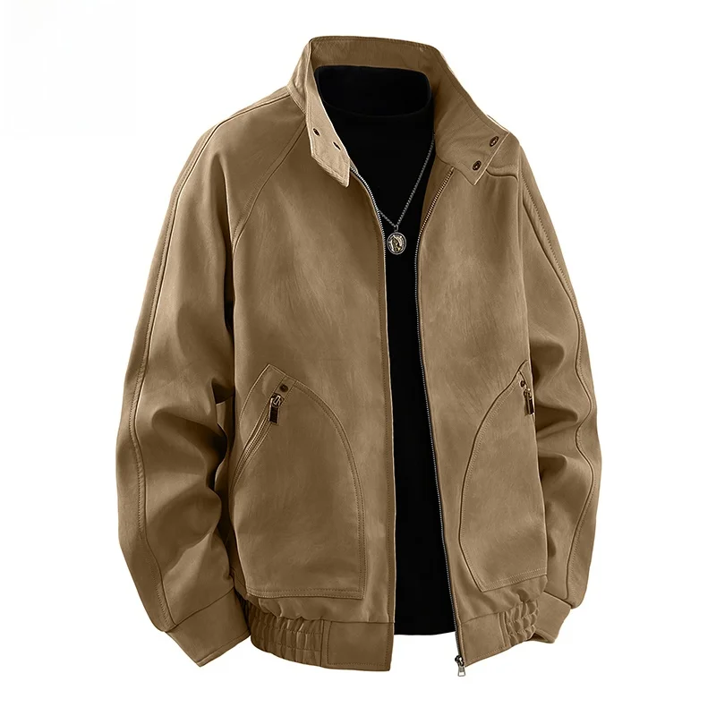 

Retro Leather Jaet Men's Casual Loose Faionable Outerwear Waterproof Oil-resistant Zipper Closure Polyester