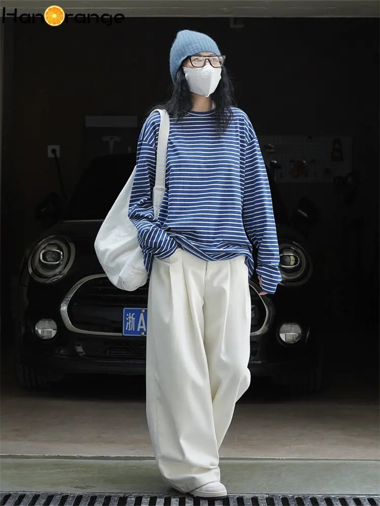 HanOrange 2024 Spring Simple Vintage Stripe T-shirt Women O-Neck Loose Long Sleeve Casual Tees Top Female Blue/White