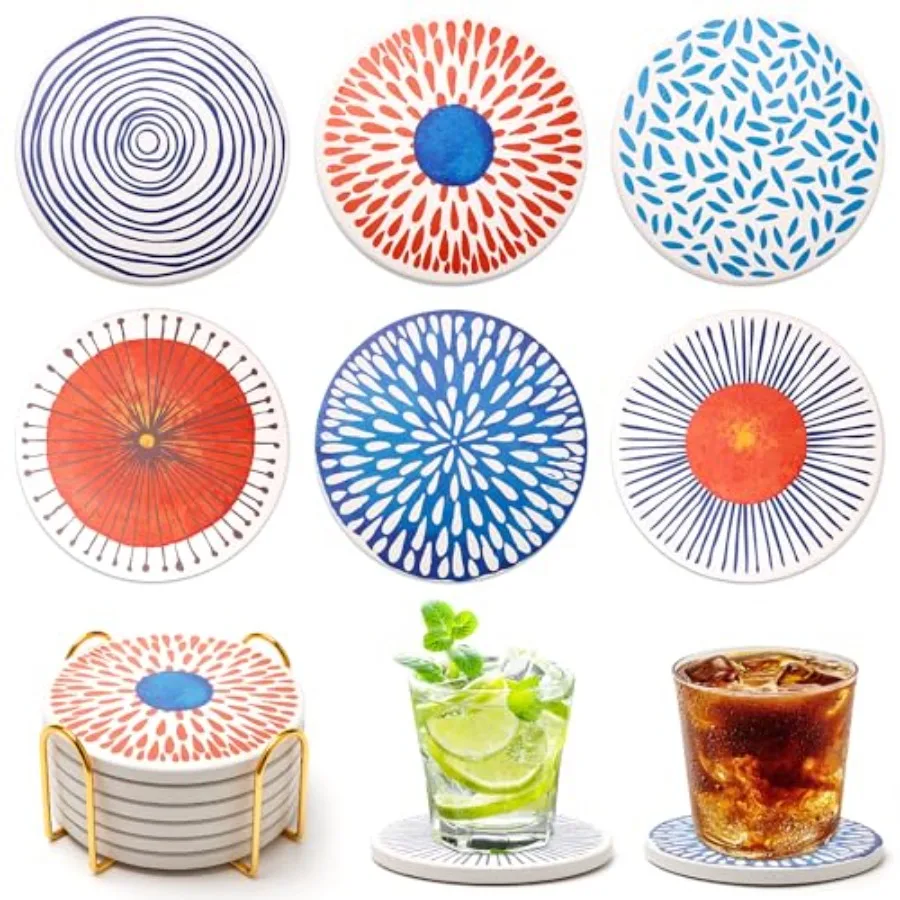 Funny Ceramic Absorbent Coaster Set of 6 Coasters for Drinks Fun Boho Coffee Table Decor Cool Desk Coasters with Holder Unique