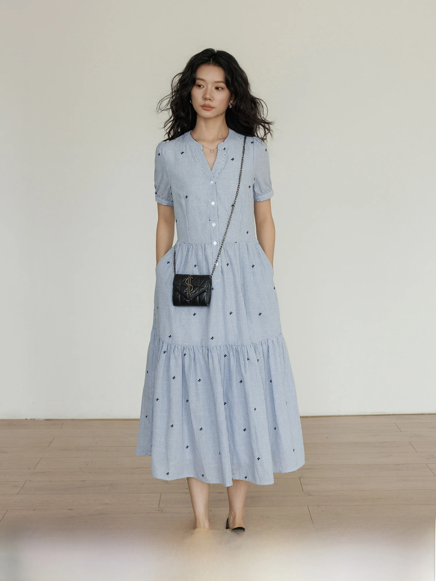 

Vastand Summer Women's Shirt Dress V-Neck Short Sleeve Embroidered Striped High Waist A-Line Skirt Commute Friendly Polyester