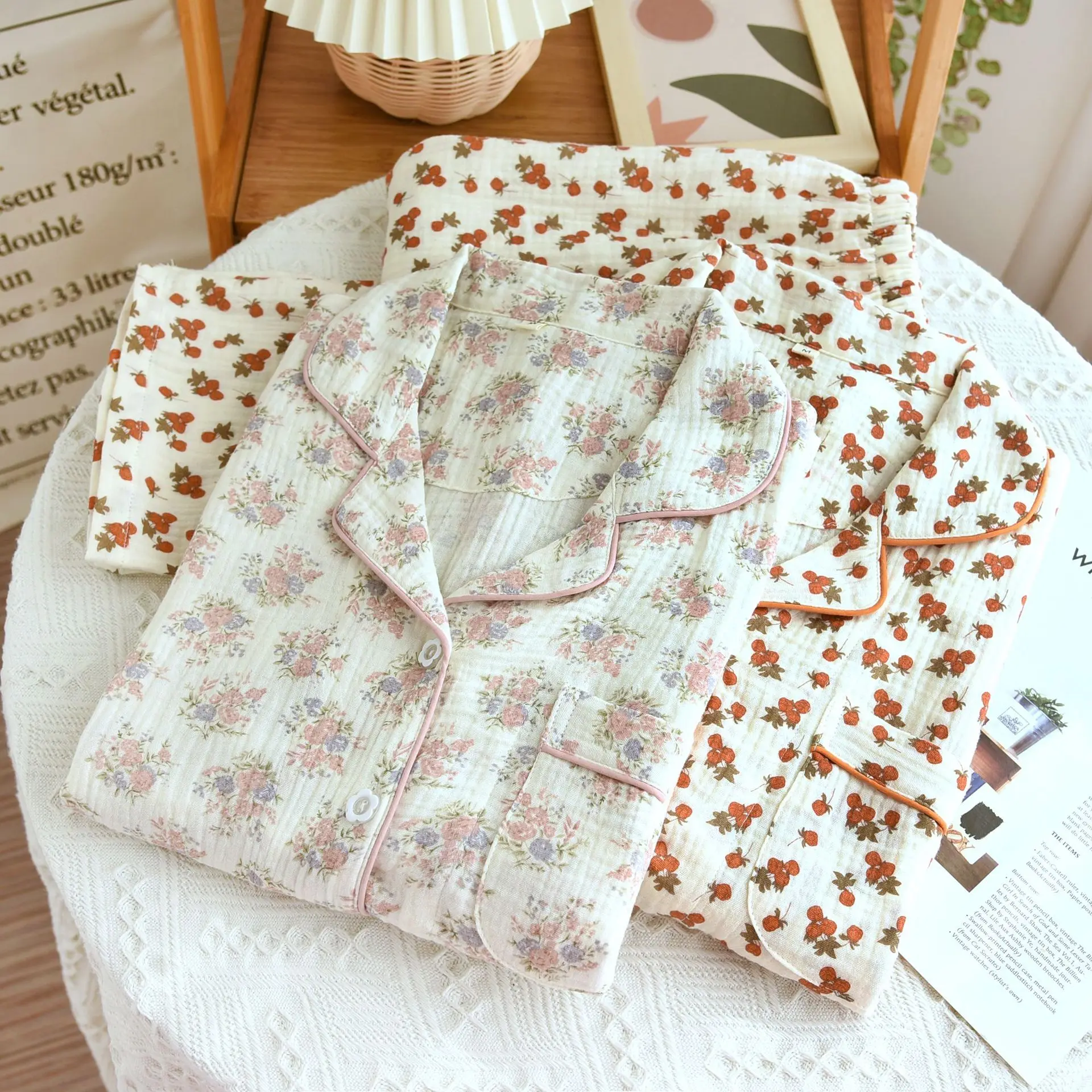 Pijama de algodón con estampado Floral para mujer, ropa de dormir de manga larga, conjunto de ropa interior para el hogar, otoño