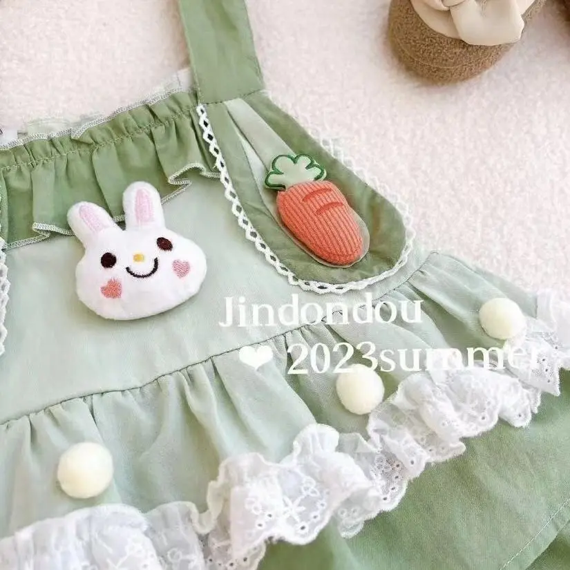 Girls\' Clothing Suit Summer Baby Children\'s Green Cute Cartoon Lace Suntop Vest Shorts Two-Piece Sets Toddle Kids Sweet Clothing