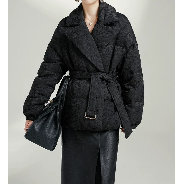 High End Goose Down Clothing With Dark Floral Patterns Waist White Goose Down Short style Down Jacket Women's High-end Women's