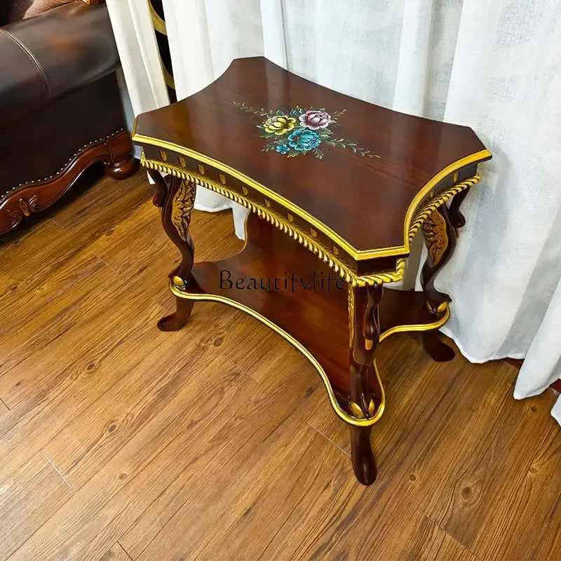 

yj5 European Style Solid Wood Coffee Table Vintage Minimalist Living Room Painted Gold Edge Table