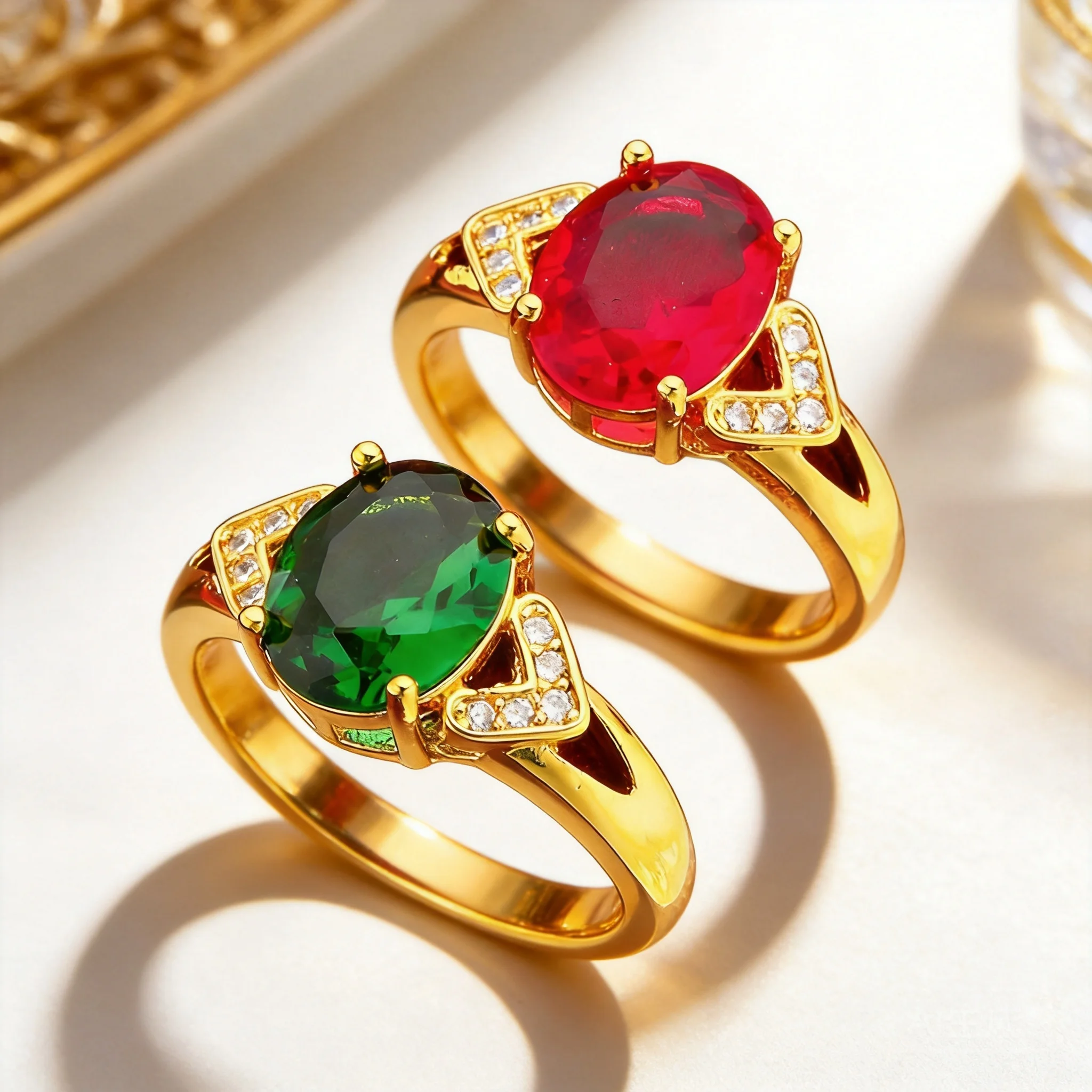 Women's Gold Plated Adjustable Open Ring Oval Cut Colored Gemstone Red Green Options For Daily Wear Party Prom Anniversary Jewel