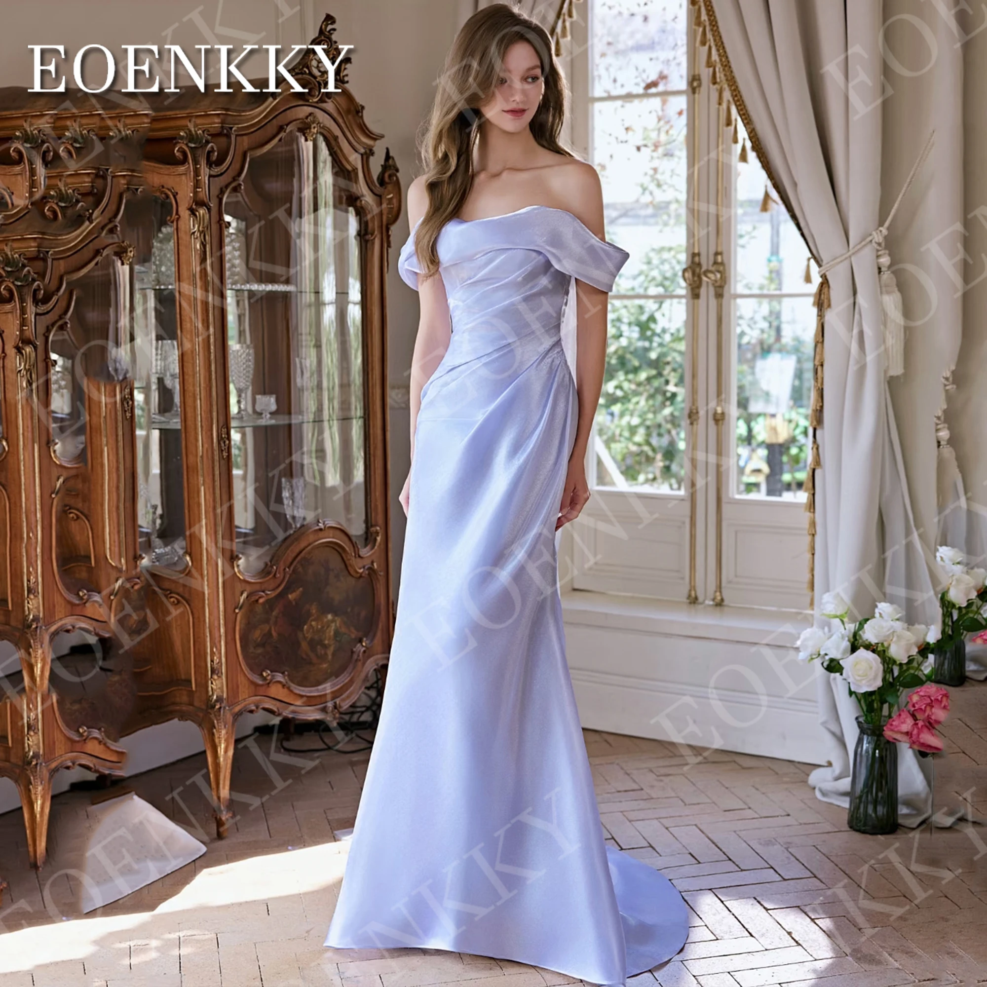 

EOENKKY Off Shoulder Evening Dresses Customized Woman Elegant Lavender Satin Mermaid Party Dress Detachable Train فساتين سهرة