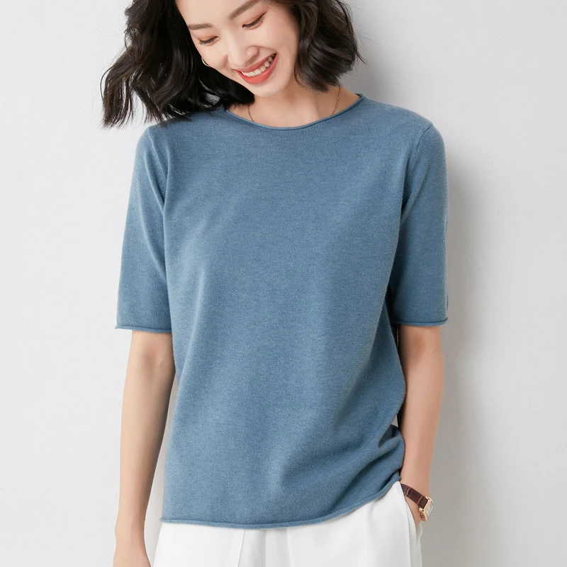 Rolled Round Neck Loose Five-Quarter Sleeve Top Women\'s Summer Mid-Sleeve Wool Knitted Sweater T-Shirt Suit With Short Sleeves