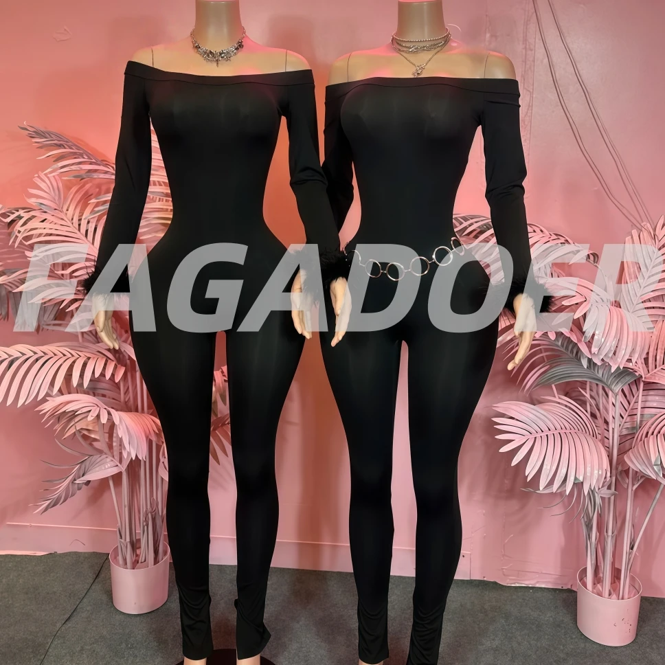 

FAGADOER Sexy Fur Patchwork Bodycon Jumpsuits Women Solid Color Off Showlder Backless Rompers Female Streetwear Overalls New