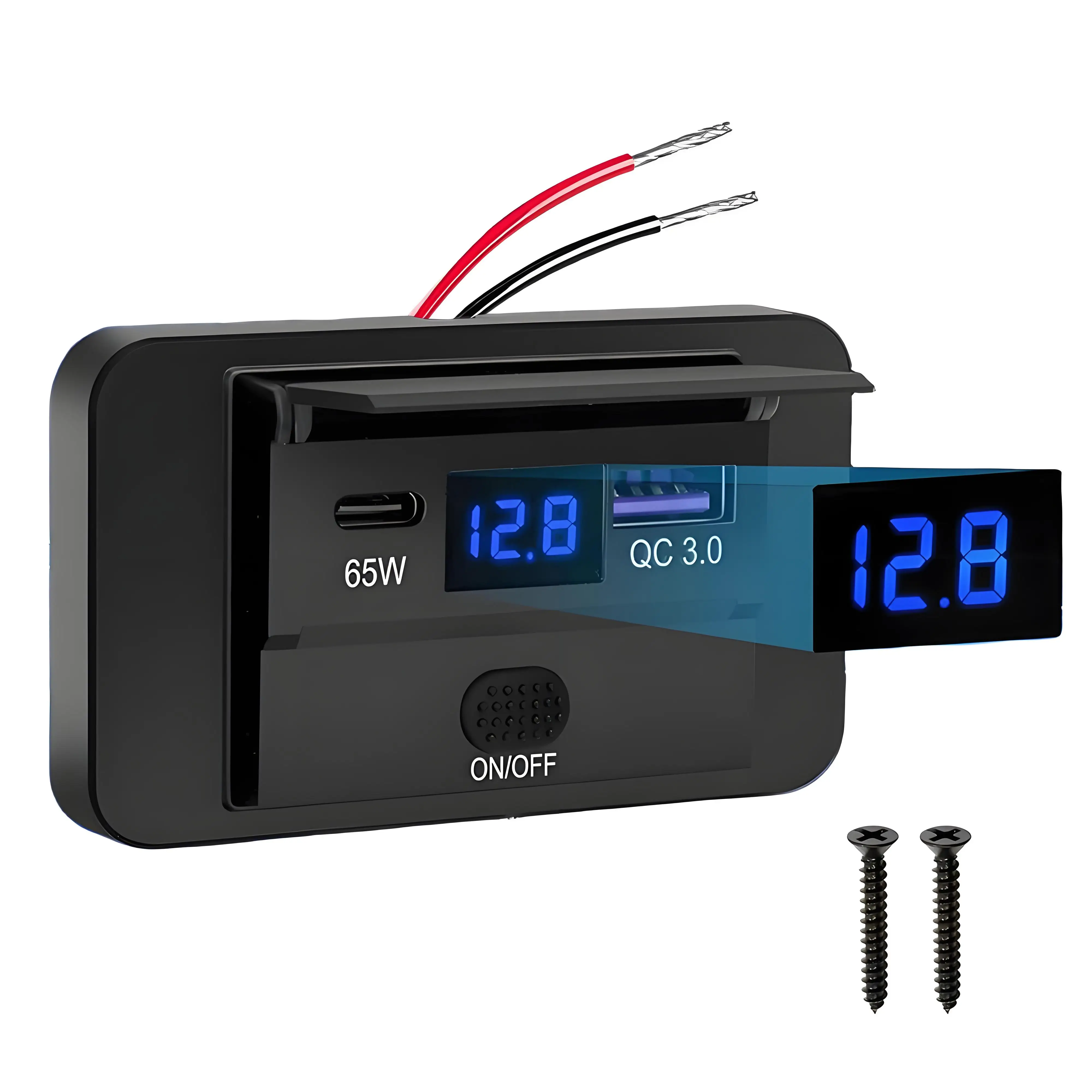 83W 12V USB Outlet 65W PD3.0 & 18W QC USB A Ports Car Charger Panel with Button Switch & LED Voltmeter for Car RV Boat Truck Bus